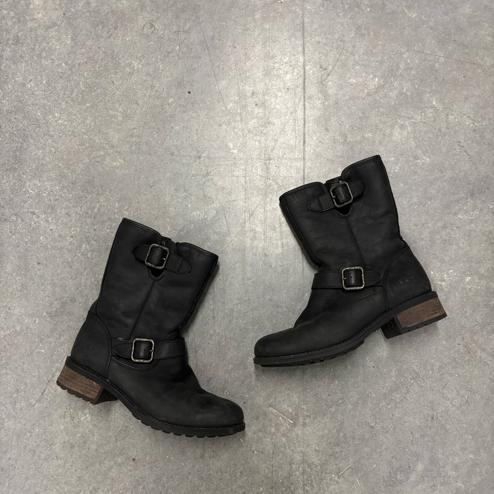 UGG Women’s Chaney Black Leather Mid Calf Leather Moto Boots